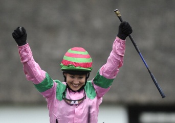 Hayley Turner celebrates after her July Cup win on Dream Ahead