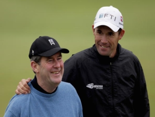 J P McManus (left), keen golfer and owner of Sportmaster