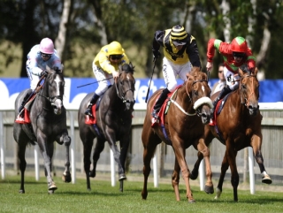 Red Duke (noseband) winning at Newmarket.
