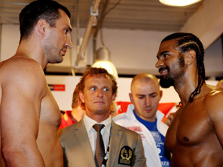 Wladimir Klitschko and David Haye lock eyes at the weigh-in