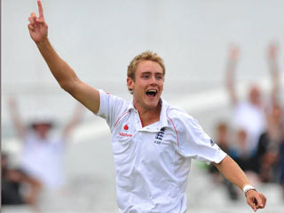 Broad smile. Staurt Broad celebrates a wicket and will have to take plenty if England are to defend te Ashes this winter
