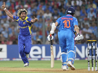 Lasith Malinga claims the most valuable wicket in cricket as he dismisses Sachin Tendulkar in the recent ODI World Cup final  