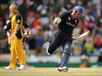 Eoin Morgan celebrates with Shane Watson looking on and looking far from impressed 