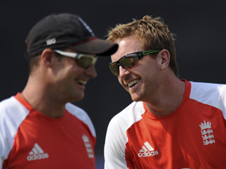 Paul Collingwood and Andrew Strauss are all smiles but the skipper has a tough decison to make as to whether to include the Durham all-rounder in the quarter-final match  