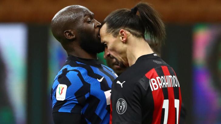Romelu Lukaku of Inter and Milan striker Zlatan Ibrahimovic face off