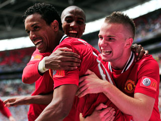 Nani celebrates his Community Shield winner v City - can he score against the same opponents on Sunday?