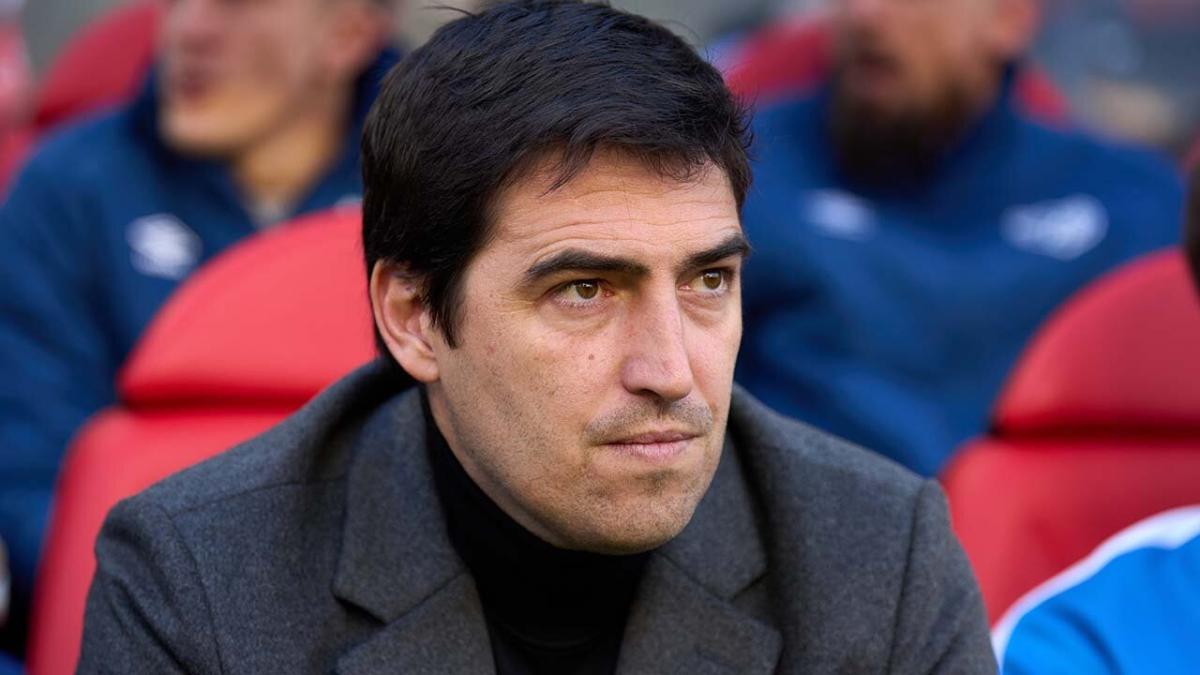Bournemouth boss Andoni Iraola looks on from the touchline during a game