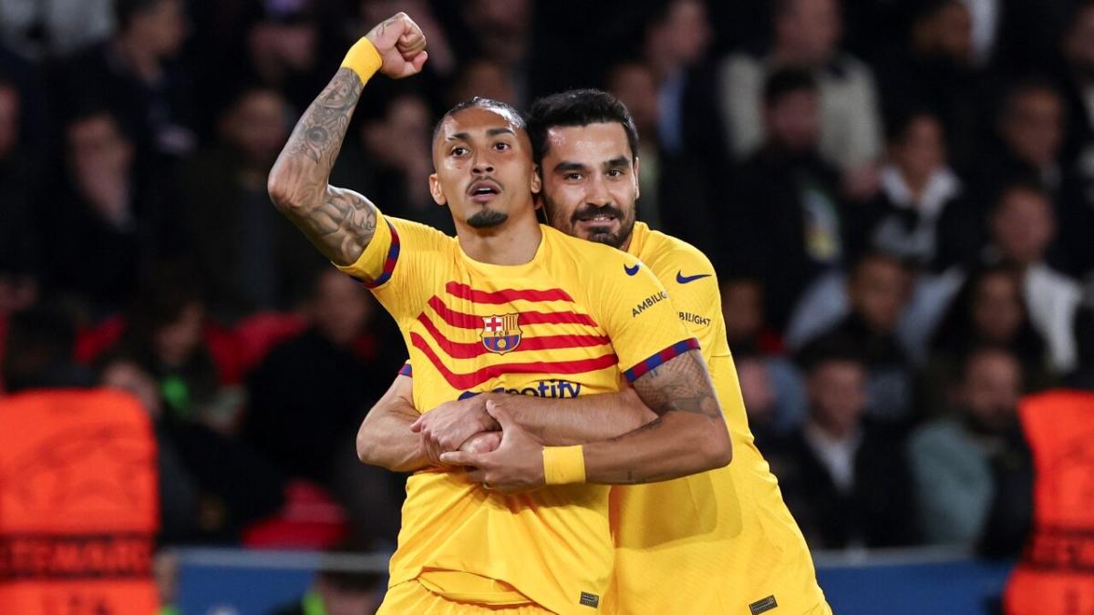 Raphinha celebrating for Barcelona against PSG