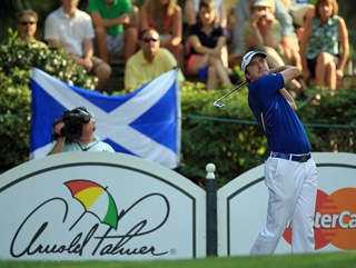 The Scottish flag draped proudly behind the 17th tee as Laird tees off 
