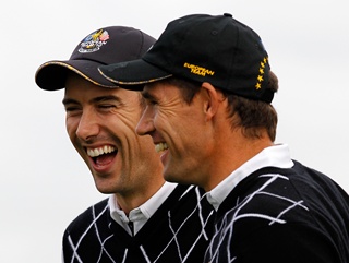 Ross Fisher with Padraig Harrington at Celtic Manor yesterday