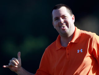 Robert Garrigus, chuffed as a badger to hole a birdie putt at the the Hyundai Tournament of Champions