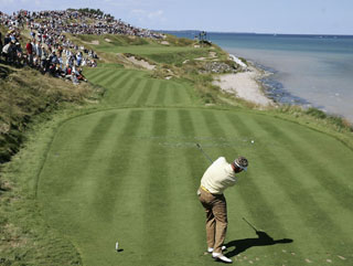 Darren Clarke hits his tee shot on the 7th at Whistling Straits