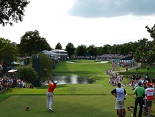Tiger Woods on the 18th tee yesterday