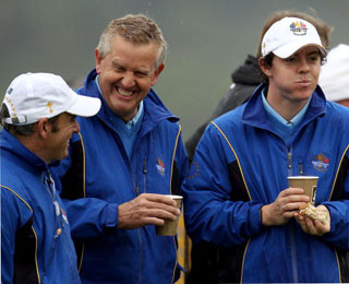 Vice-captain, captain and prodigy. Paul McGinley shares a joke with Colin montgomerie and Rory McIlroy at the last Ryder Cup.