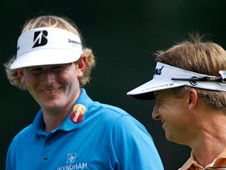 Brandt Snedeker sharing a joke with David Toms yesterday before he let a good round slip