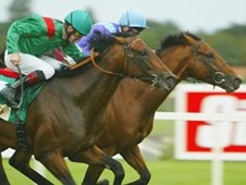 Azamour (near side) engages turbo thrust to nail Norse Dancer in 2004