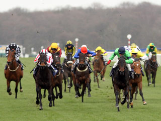 Hearts of Fire (green) comes home to win the 2009 running of the Brocklesby Stakes