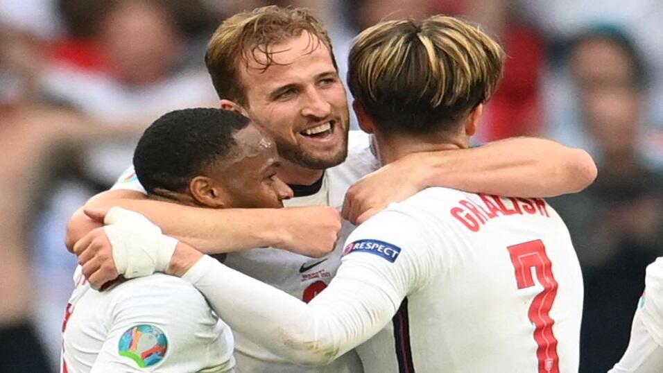 England teammates Raheem Sterling, Harry Kane, Jack Grealish 